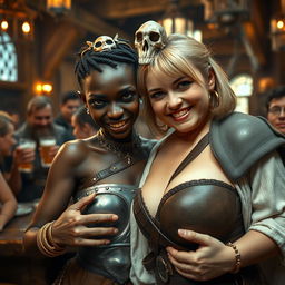 Inside a medieval tavern filled with beer and lively chatter, a striking scene unfolds