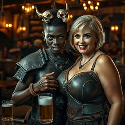 Inside a medieval tavern filled with beer and lively chatter, a striking scene unfolds