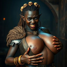 In a medieval brothel, a captivating scene unfolds featuring a striking young African woman