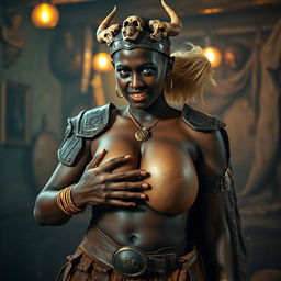In a medieval brothel filled with vibrant energy, a compelling scene features a young African woman who is notably short and malnourished at 20 years old
