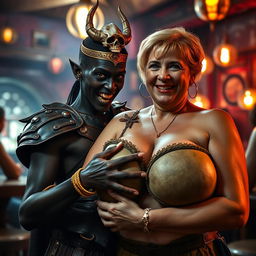 In a medieval brothel filled with vibrant energy, a compelling scene features a young African woman who is notably short and malnourished at 20 years old