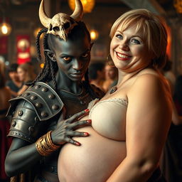 In a bustling medieval brothel brimming with lively energy, the scene focuses on a striking young African woman