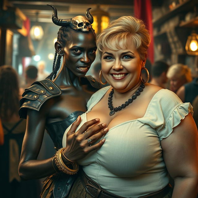 In a bustling medieval brothel brimming with lively energy, the scene focuses on a striking young African woman