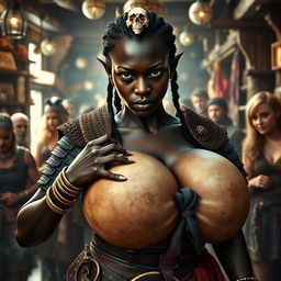 In a bustling medieval brothel brimming with an eclectic mix of characters and giant-breasted prostitutes, the focus is on a striking young African woman