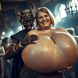 In a vibrant medieval brothel bustling with activity and oversized-breasted women, the scene features a fierce young African woman