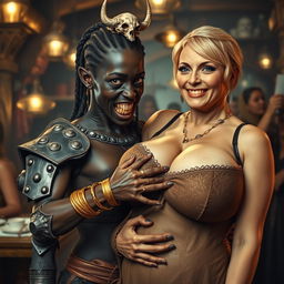 In a vibrant medieval brothel bustling with activity and oversized-breasted women, the scene features a fierce young African woman
