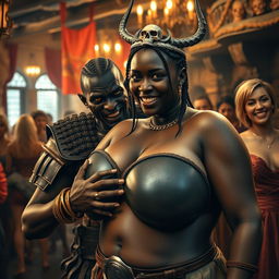 In a vibrant medieval brothel bustling with activity and oversized-breasted women, the scene features a fierce young African woman