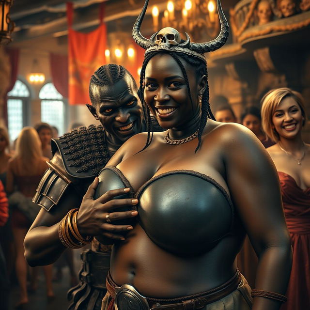 In a vibrant medieval brothel bustling with activity and oversized-breasted women, the scene features a fierce young African woman