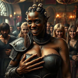 In a lively medieval brothel filled with diverse characters, the scene highlights a fierce young African woman