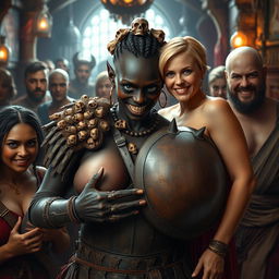 In a lively medieval brothel filled with diverse characters, the scene highlights a fierce young African woman