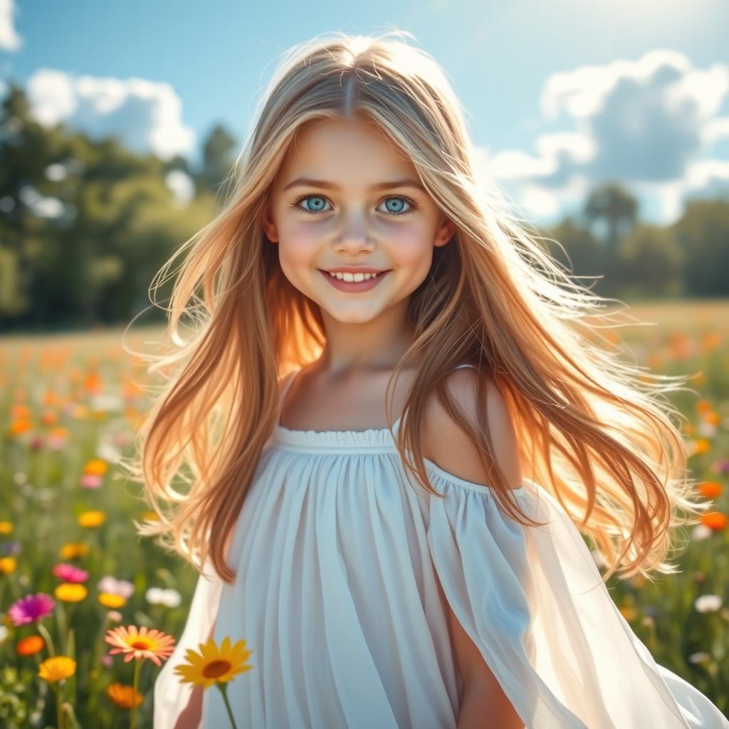 A stunningly beautiful girl with long flowing hair, sparkling blue eyes, and a radiant smile, standing outdoors in a sunlit meadow filled with colorful wildflowers