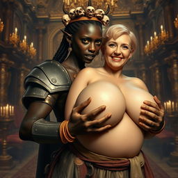 In a grand medieval palace filled with opulence, the scene reveals a striking young African woman