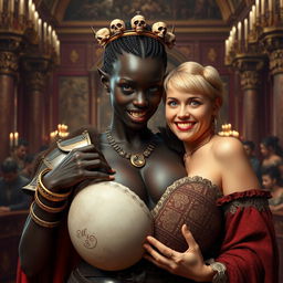 In a grand medieval palace filled with opulence, the scene reveals a striking young African woman
