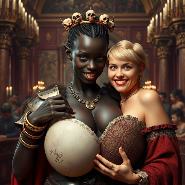 In a grand medieval palace filled with opulence, the scene reveals a striking young African woman