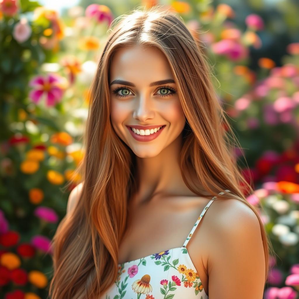 A portrait of a beautiful 25-year-old woman with long, flowing brown hair and bright green eyes