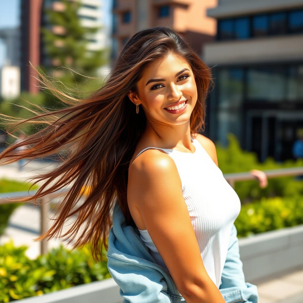 A stunning 25-year-old woman with striking features, long flowing hair, and a captivating smile