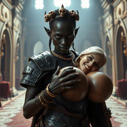 Inside an extravagant medieval palace, the scene depicts a young African woman who is striking yet unnerving