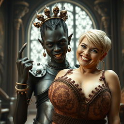 Inside an extravagant medieval palace, the scene depicts a young African woman who is striking yet unnerving