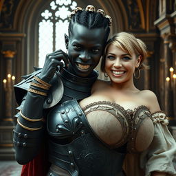 Inside an extravagant medieval palace, the scene depicts a young African woman who is striking yet unnerving