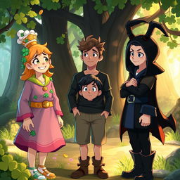 A visually captivating scene depicting three characters standing together outdoors