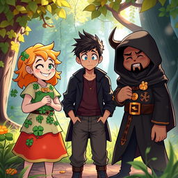 A visually captivating scene depicting three characters standing together outdoors