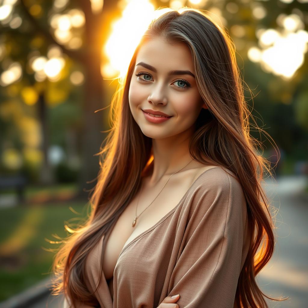 A full-body portrait of a stunning 21-year-old woman with a round face adorned with soft features and bright blue eyes that sparkle with life