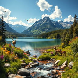 A breathtaking landscape showcasing the beauty of nature, featuring a serene lake surrounded by majestic mountains