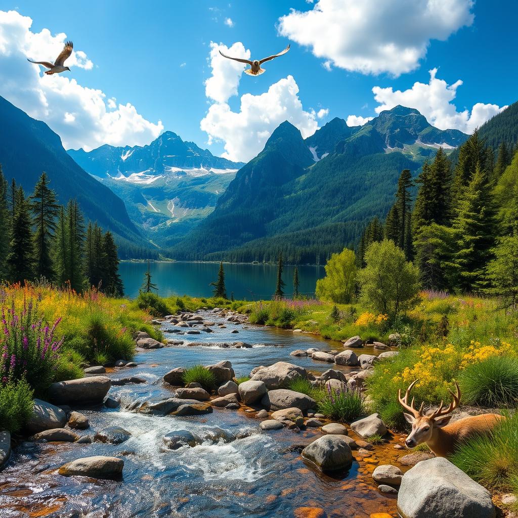 A breathtaking landscape showcasing the beauty of nature, featuring a serene lake surrounded by majestic mountains