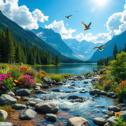 A breathtaking landscape showcasing the beauty of nature, featuring a serene lake surrounded by majestic mountains