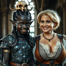 In a medieval palace setting, a young African woman, very short and malnourished, with deep black skin, anemic eyes, and a demonic expression, wears Viking warrior armor