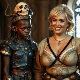 In a medieval palace setting, a young African woman, very short and malnourished, with deep black skin, anemic eyes, and a demonic expression, wears Viking warrior armor