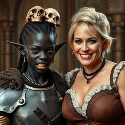 In a medieval palace setting, a young African woman, very short and malnourished, with deep black skin, anemic eyes, and a demonic expression, wears Viking warrior armor