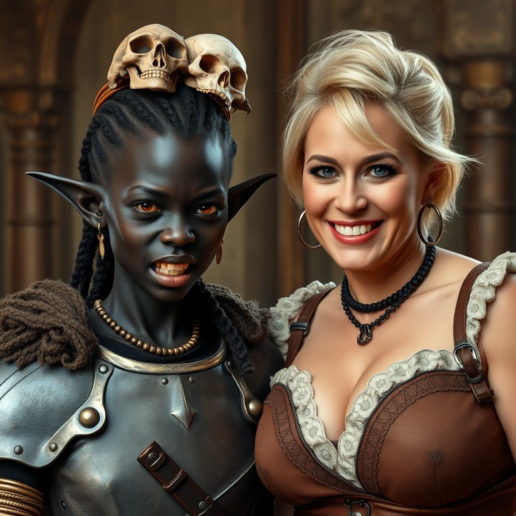 In a medieval palace setting, a young African woman, very short and malnourished, with deep black skin, anemic eyes, and a demonic expression, wears Viking warrior armor