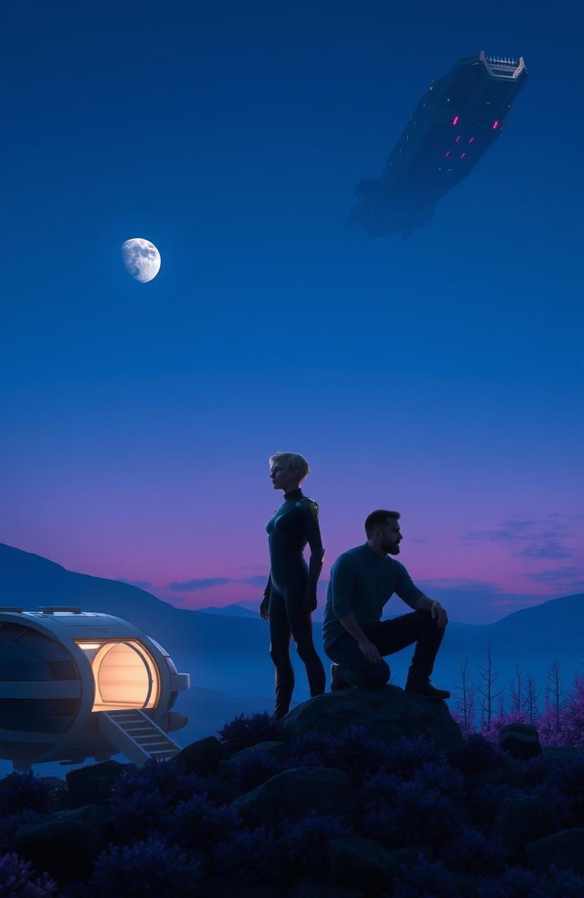 A stunning twilight scene on the planet Aranéa, featuring a deep blue sky with two smaller moons that appear of similar size to Earth's moon