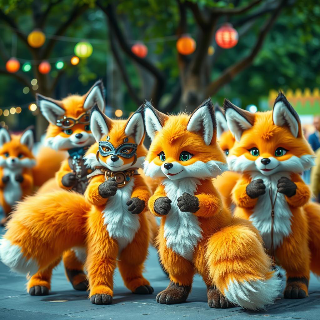 A group of anthropomorphic fox characters dressed in detailed furry costumes, showcasing vibrant orange and white fur textures