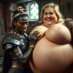 Inside a medieval brothel, a dramatic scene depicts a young African woman, aged 20, who is notably short and malnourished, with very dark skin, yellowish and red eyes, and a fierce, demonic expression