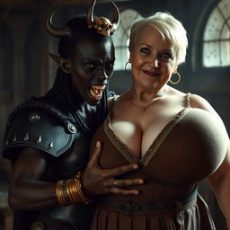 Inside a medieval brothel, an intense scene captures a young African woman, 20 years old, very short and malnourished, with deep black skin, anemic eyes, and a fierce, demonic expression