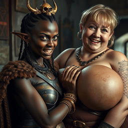 Inside a medieval brothel, a striking scene showcases a young African woman, 20 years old, notably short and malnourished, with very dark skin, anemic eyes, and a fierce, demonic expression