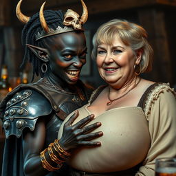 In a medieval bar setting, a striking scene features a young African woman, 20 years old, notably short and malnourished, with deep black skin, anemic eyes, and a fierce demonic expression