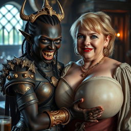 In a medieval bar setting, a striking scene features a young African woman, 20 years old, notably short and malnourished, with deep black skin, anemic eyes, and a fierce demonic expression