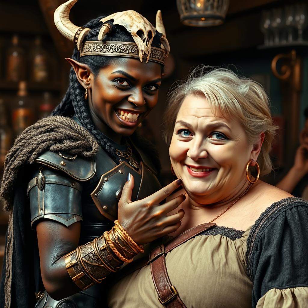 In a medieval bar setting, a striking scene features a young African woman, 20 years old, notably short and malnourished, with deep black skin, anemic eyes, and a fierce demonic expression