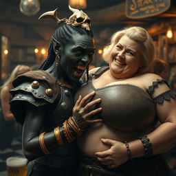 In a medieval bar, a captivating scene unfolds with a young African woman, 20 years old, notably short and malnourished, with very dark skin, anemic eyes, and a fierce, demonic expression