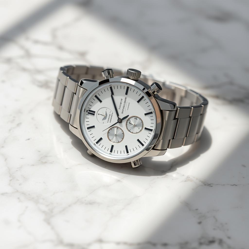 A high-quality, realistic depiction of a stylish wristwatch resting on a marble surface