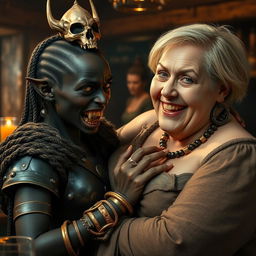 In a medieval bar, a dramatic scene unfolds featuring a young African woman, 20 years old, short and malnourished, with deep black skin, anemic eyes, and a fierce, demonic expression