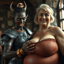 Inside a medieval bar, a dramatic composition showcases a young African woman, age 20, who is notably short and malnourished