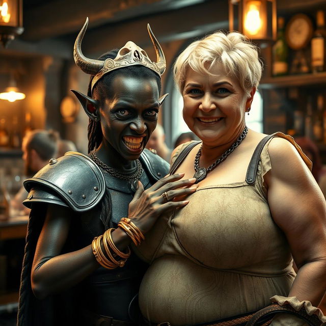 Inside a medieval bar, a dramatic composition showcases a young African woman, age 20, who is notably short and malnourished