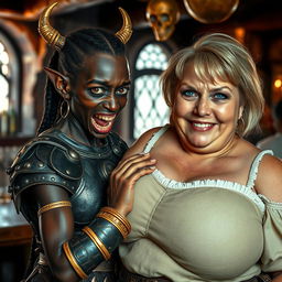 Inside a medieval bar, a dramatic composition showcases a young African woman, age 20, who is notably short and malnourished