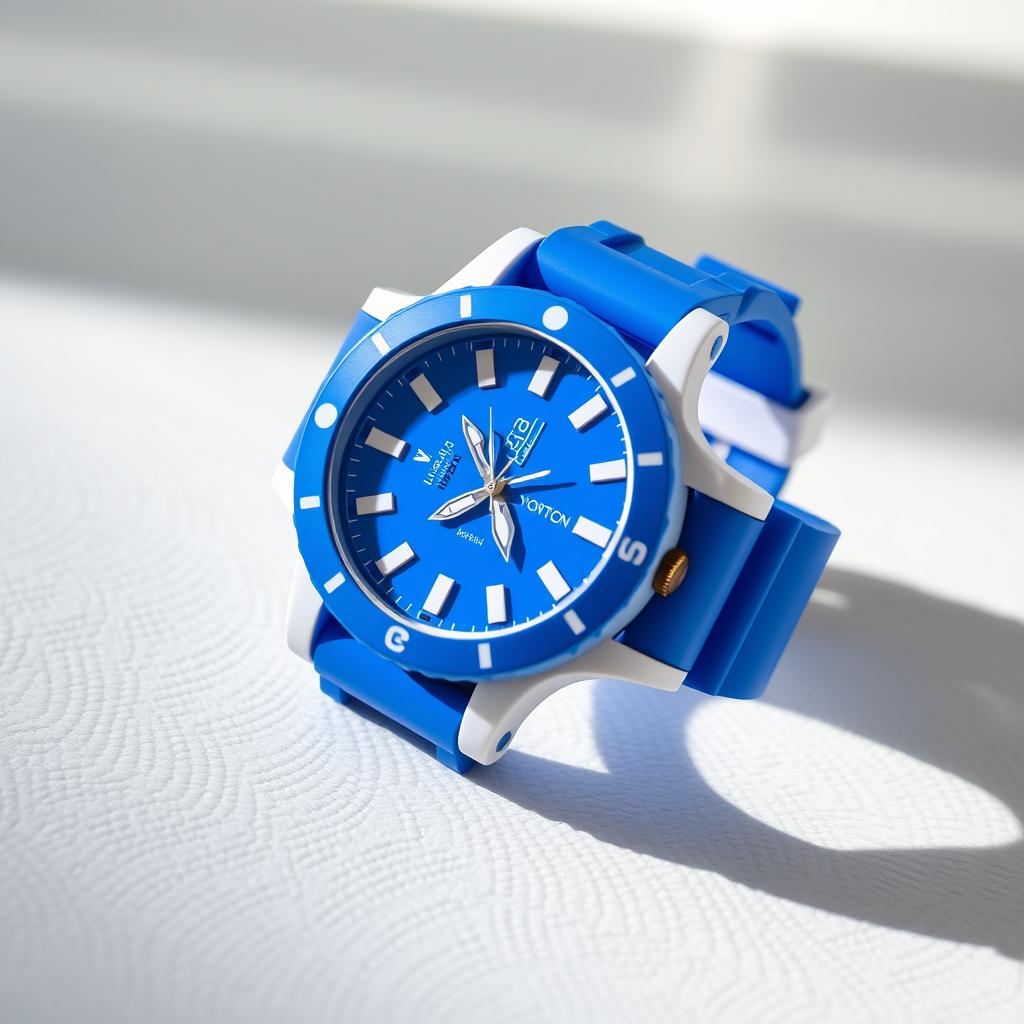 A vibrant and modern wristwatch featuring a striking blue and white silicone strap