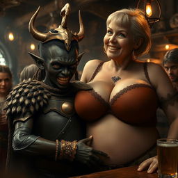 In a bustling medieval bar, a striking scene features a young African woman, around 20 years old, notably short and visibly malnourished