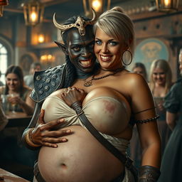 In a lively medieval bar scene, a striking young African woman, 20 years old, stands out